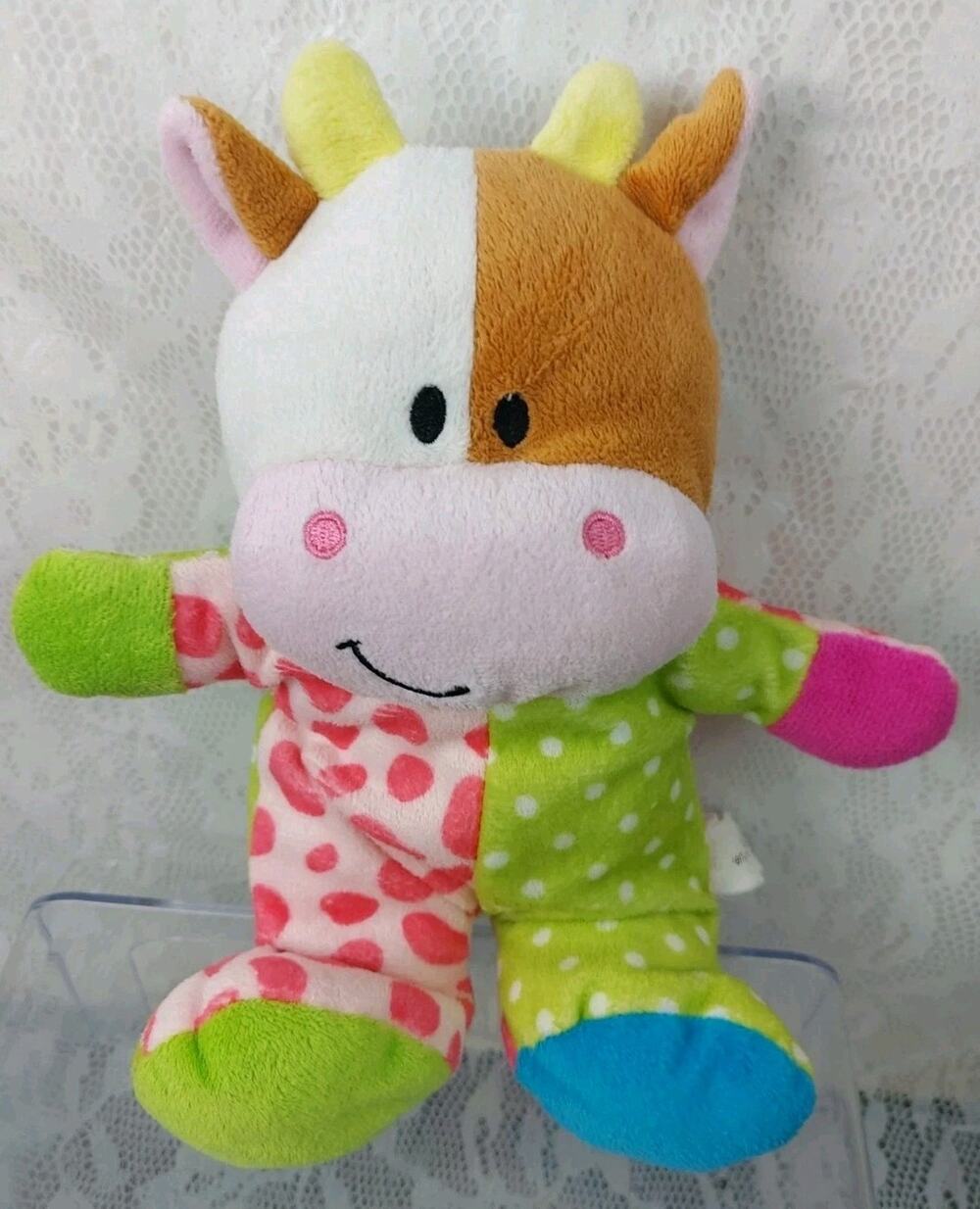 Beverly Hills Teddy Bear Cow Baby Rattle Pink Green Polka Dot 10" Plush Stuffed